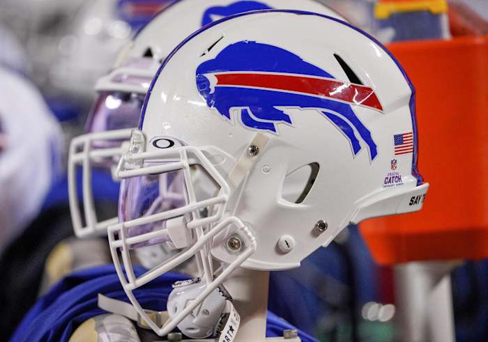 Oct 10, 2021; Kansas City, Missouri, USA; A general view of a Buffalo Bills helmet against the Kansas City Chiefs during the game at GEHA Field at Arrowhead Stadium.